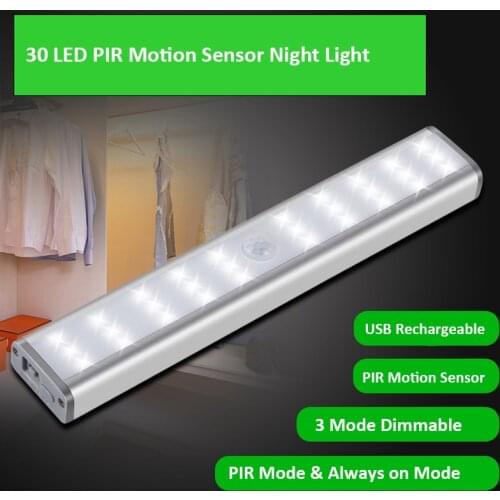 USB Rechargeable 30 LED PIR Motion Sensor Light Sensor Night Light 3 Mode Dimmable For Cupboard Wardrobe Kitchen Night Light