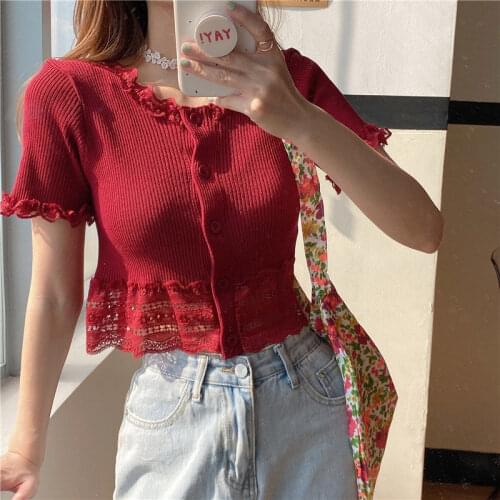 Woman TShirts Summer round Neck Lace Top Womens 2021 Knitwear Crop Top Mujer Camisetas