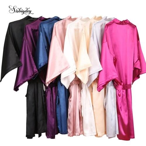 Sisbigdey plain Satin Robes pink white purple silver Short blank Kimono bathrobe Womens Simplicity Pajamas Wedding Party robes