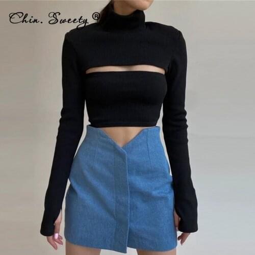 Knitted Solid Womens Turtleneck Cropped Knitwear 2021 Autumn Long Sleeve Hollow Out Sweater Pullovers Ladies Sexy Fashion Tops