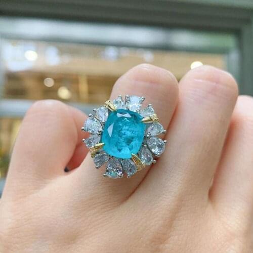 2021 New Arrival 925 Sterling Silver 10*12mm Paraiba Tourmaline Gemstone Lab Diamond Wedding Party Rings For Women Fine Jewelry
