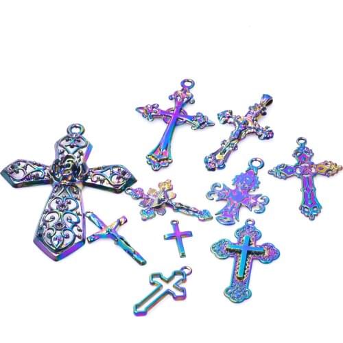 10pcs/Lot Mix Cross Pendant DIY Jewelry Making Necklace Components Rainbow Color Christ Charm Jesus Fashion Handmade Accessories