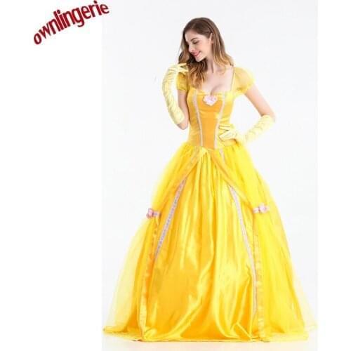 2018 Adult Yellow fancy Princess dress Cosplay Costume Palace Dancing Fancy Dress Maxi dress with petticoat