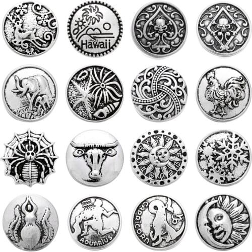 6pcs/lot New Snap Jewelry 18mm Metal Snap Buttons Sun Fowl Cattle Hawaii Christmas Snowflake Snaps for Snap Button Bracelet