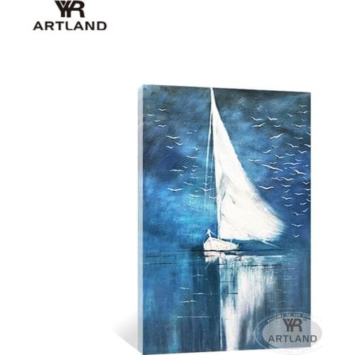 White sailboat vertical painting acrylic oil painting on canvas Handmade hanging picture wall art poster for living room decor