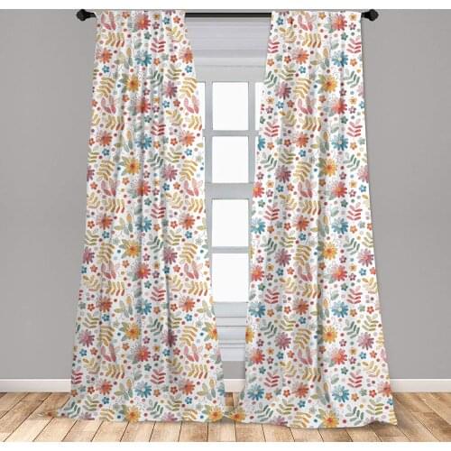 Floral Curtains Continuous Pattern of Colorful Hatched Painted Flowers and Leaves Spring Art Window Drapes for Living Room