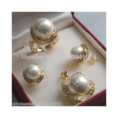 Hot sale good SHIP>>10mm &14mm White South sea Shell Pearl Earrings Ring Necklace Pendant Set
