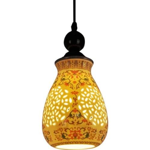Classical Chinese Beige Ceramic Hollow Corridor Pendant Light Carving Hallway Hanging Lamps Balcony Dining Room Pendant Light