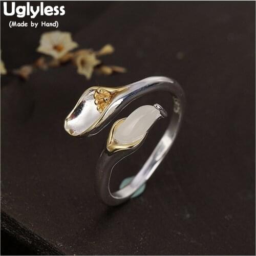 Uglyless 100% Real 925 Sterling Silver Calla lily Rings for Women Handmade Floral Open Ring Nature Jade Finger Ring Fine Jewelry