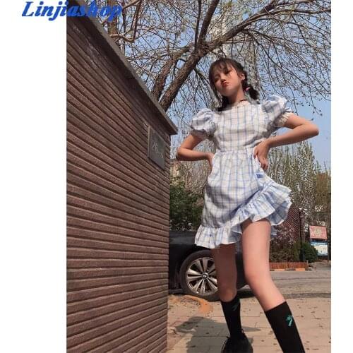 Two piece set summer mini dress with lining o neck short sleeve ruffles elastic beach holiday plaid chic dress ladies