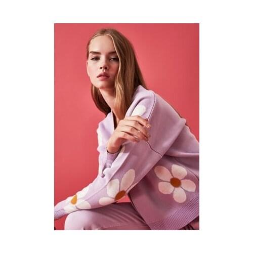 Lilac Jacquard Knitwear Cardigan Daisy Pattern Stylish New Fashion French new elegant autumn 2020 long-sleeved female knit