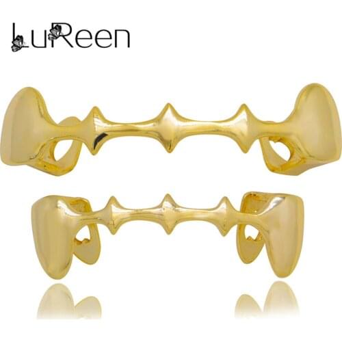 Lureen Hip Hop Unique Gold Teeth Grillz Top Bottom Vampire Fangs Dental Grills Set Silver Color Tooth Caps Cosply Body Jewelry