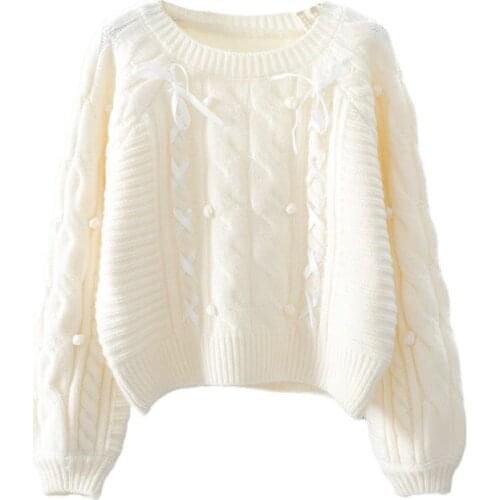 Oversized Kawaii Knitted Sweater Korean Fashion Lace Up O-Neck Pullover Harajuku Sweet Crop Top Schoolgirl Long Sleeve Clothing