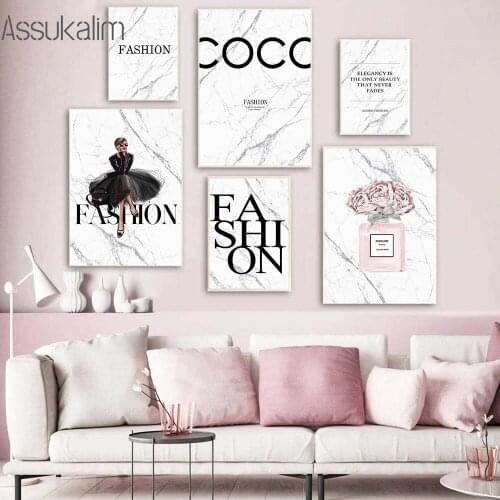 Marble Poster Fashion Wall Art Canvas Painting Perfume Bottle Posters Peony Flower Print Vogue Wall Pictures For Girl Room Decor