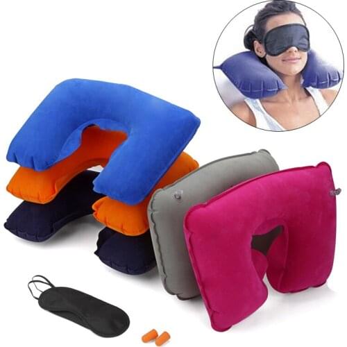 Inflatable Flight Cotton Pillow Neck U Soft Rest Relax Air Cushion Eye Mask Earplug Set For Travel