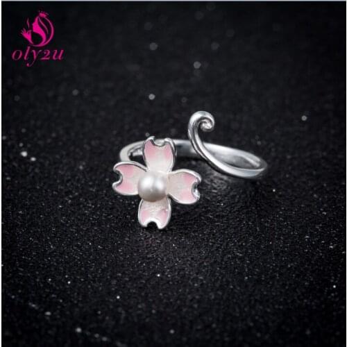 Oly2u Charm Simulated Pearl Lotus Flower Adjustable Ring Dainty Jewelry for Women Girls Evening Party Jewelry Anillos