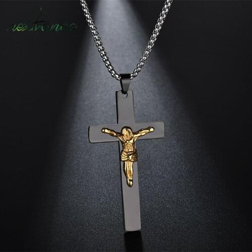 Nextvance Stainless Steel Black Cross Pendant Necklace Christian Catholic Chain Necklaces For Women Crucifix Jewelry