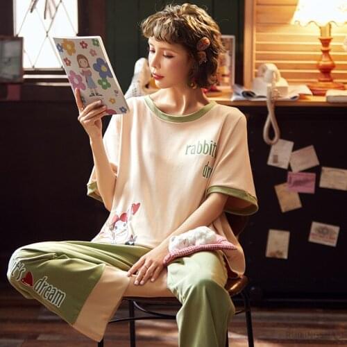 100% Cotton Pajamas for Women Knitted Pajama Sets Cute O-neck Pijama Letter Lingerie Plus Size Pyjama Femme Night Sleepwear