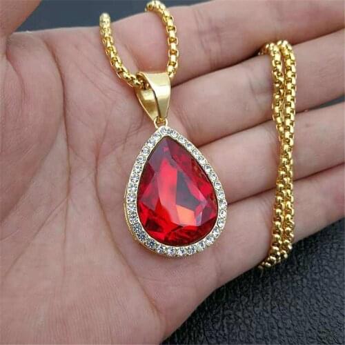 Hip Hop Iced Out Water Drop Pendant With Stainless Steel Chain Rhinestone Golden Necklace For Women/Men Jewelry Dropshipping