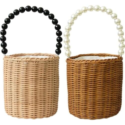 Portable Round Rattan Woven Storage Bag with Pearl Handle Rattan Basket Picnic 37MF