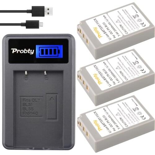 PROBTY 3PCS PS-BLS5 PS BLS5 Battery + LCD USB Charger for Olympus OM-D E-M10 PEN E-PL2 E-PL5 E-PL6 E-PM2 Stylus EM10 EPL6 EPL7