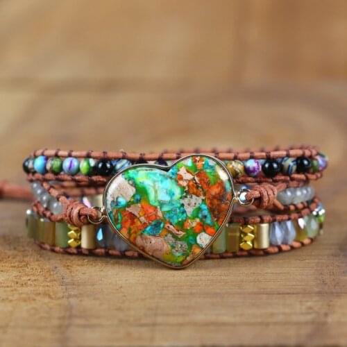 Romantic Spiritual Chakra Leather Wrap Bracelets W/ Mix Stone Heart Shape 3 Strands Bracelet Classic Jewelry Bijoux Dropshipping