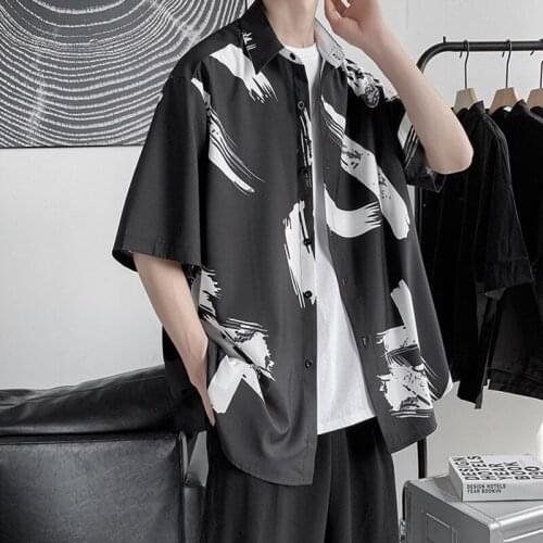 Men Shirts 2021 Summer Leisure Print Korean Fashion Short Sleeve All-Match Loose Thin Vintage Chic Clothing Streetwear Ins 30468