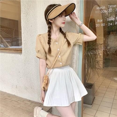 Shirts French Plaid V-neck Short-sleeved Shirt Female Design Sense Niche Summer New Korean Loose Top