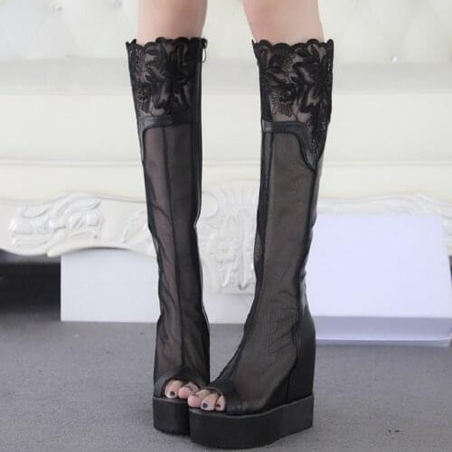 Wedges Chunky Heel Platfprm Lace Black White Summer Women Long Boots Cut Out Knee High Open The Toe Lady Boots 34-39 SXQ0430
