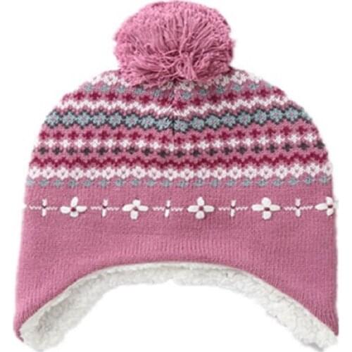 Connectyle Toddler Infant Girls Sweat Style Cotton Jacquard Thick Winter Hat Fleeced Lined Knit Earflap Warm Hat With Pom