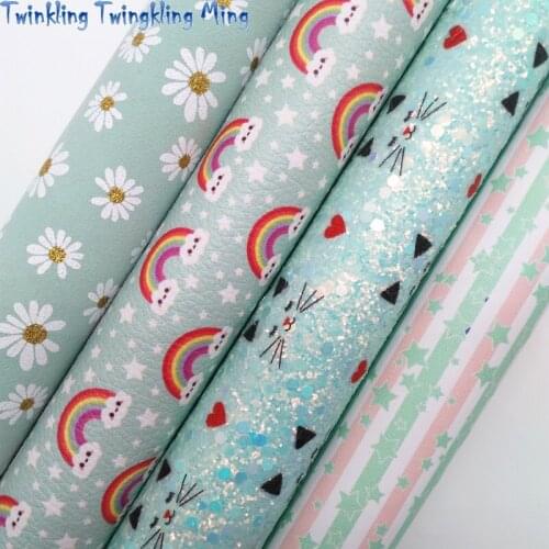 Light green Glitter Fabric, Synthetic Leather, Flowers Printed Faux Fabric Sheets For Bow A4 21x29CM Twinkling Ming XM003B