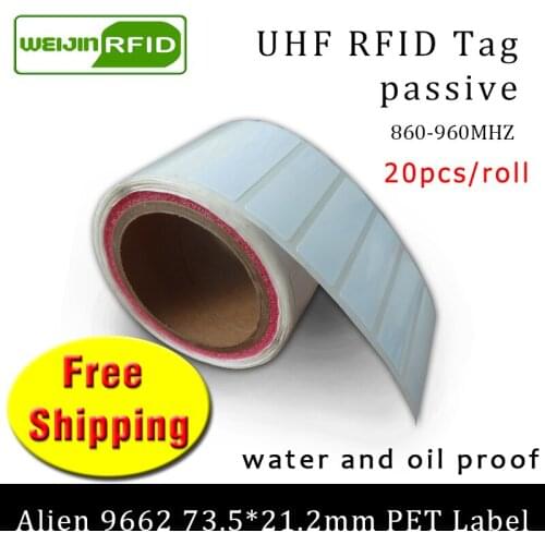 UHF RFID tag sticker Alien 9662 printable PET label 915m 860-960MHZ Higgs3 EPC6C 20pcs free shipping adhesive passive RFID label