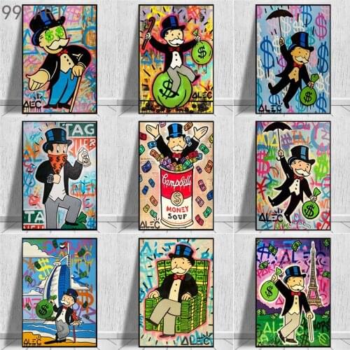 Street Graffiti Art Poster Painting Alec Monopoly money Canvas Prints Rich Man Artwork Modern Wall Pictures Cuadros Decoration
