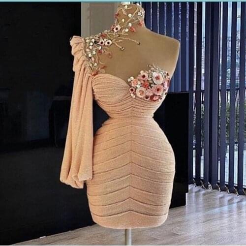 Gorgeous Sexy Cocktail Dresses High Sheer Neck Flowers Beads Short Prom Dress One Shoulder Long Sleeves Evening Party Gowns