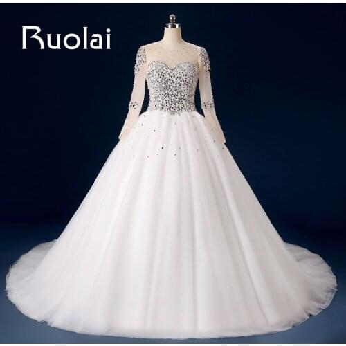 Vintage Ball Gown Wedding Dress 2018 Long Sleeve Train Heavy Beaded Crystal Wedding Gowns Bridal Dresses vestido de noiva
