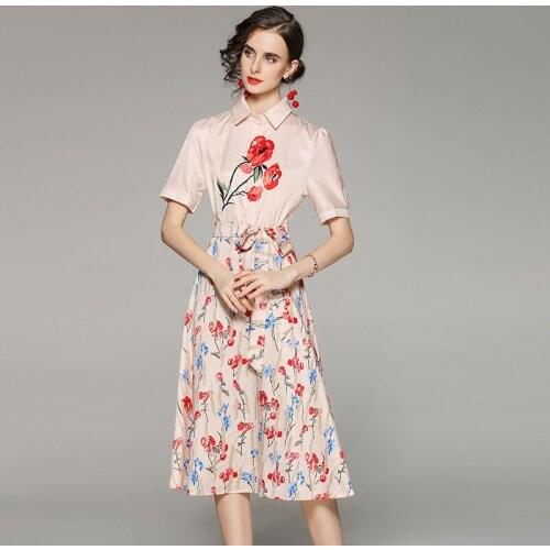 2021 New Women Dresses Office Lady Printing Mid-Calf Turn-down Collar Women Elegant Dresses Party Vintage Women Autumn Dresses