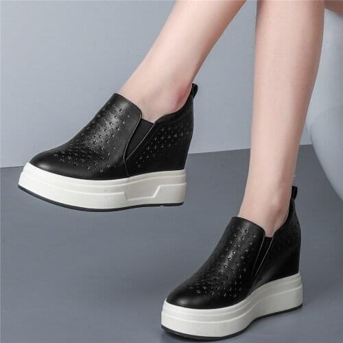 10cm High Heel Creepers Women Hollow Genuine Leather Hidden Wedges Ankle Boots Female Round Toe Fashion Sneakers Casual Shoes
