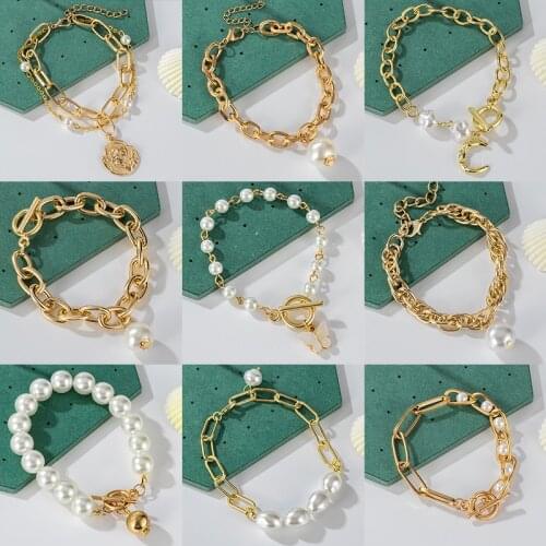 Women Bracelet Punk 2021 Gold Color Charm Bracelets For Women Pearl Coin Butterfly Alloy Fashion Bracelets On Hand Jewelry Gift