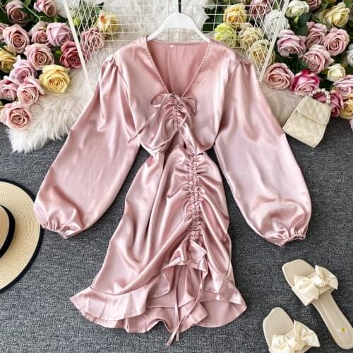 Women Autumn Dress V-neck Sexy Satin Mini Dress Ladies Draped Long Puff Sleeves Drawstring Slim Low Cut V-neck Sheath Dress