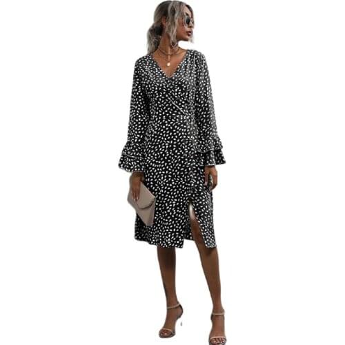 2021 Factory Price Hot Sale New Style Printed Trumpet Sleeve Long Sleeve Dress Female Autumn Slim Fit Waist Slit