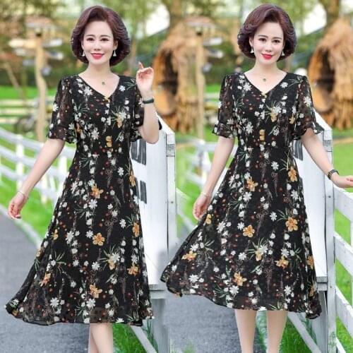 Chiffon dress female 2020summer retro print short-sleeved pink vestidos large size large size XL-5XL high quality elegant dress