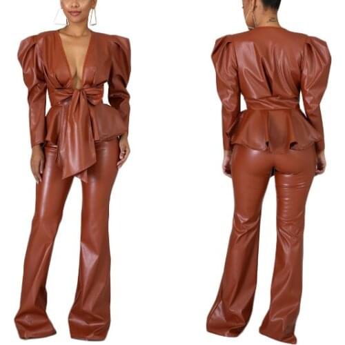 Winter tracksuit set for women full sleeve solid color PU leather tie sashes pants suit