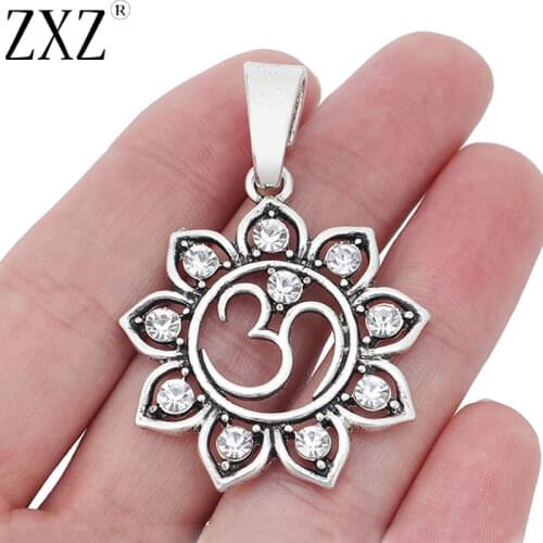ZXZ 2pcs Hindu OM AUM Crystal Rhinestone Lotus Flower Charms Pendants for Necklace Jewelry Making Findings