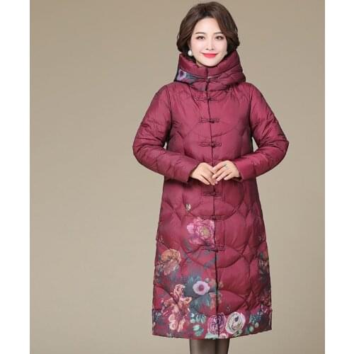 Women 2021 Winter Fashion Long White Duck Down Jacket Female Middle-aged Slim Coats Ladies Light Printed Hooded Overcoats R282