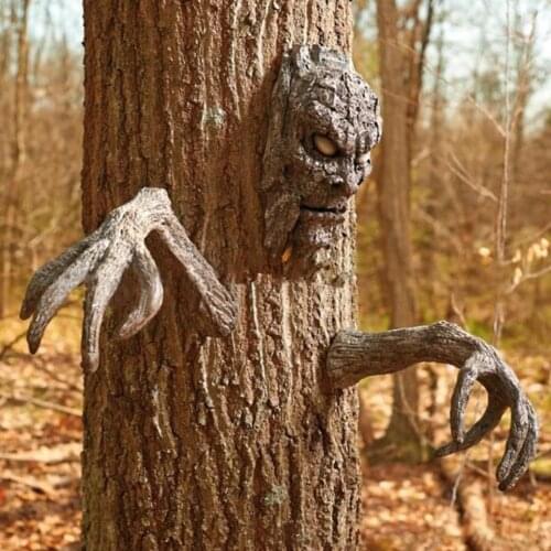3Pcs/Set Bark Statue Ghost Face Design Eye-catching Decorative Handmade Ghost Bark Face Statue for Garden Home Decoration