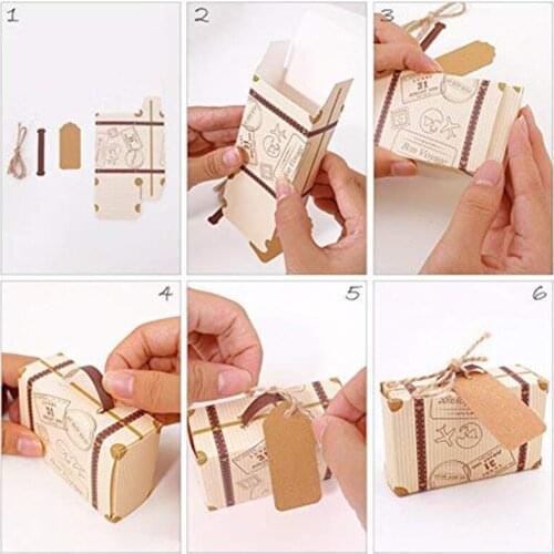 50pcs Mini Suitcase Favor Box Party Favor Candy Box Vintage Kraft Paper with Tags and rope for Wedding Travel Themed Party
