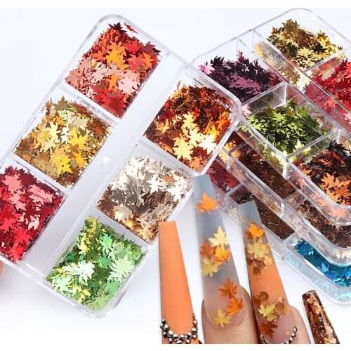 6 Grids Sparkly Fall Maple Leaves Holographic Nail Sequins Kit For Nail Art Decorations Chameleon Glitter Flakes Design Manicure