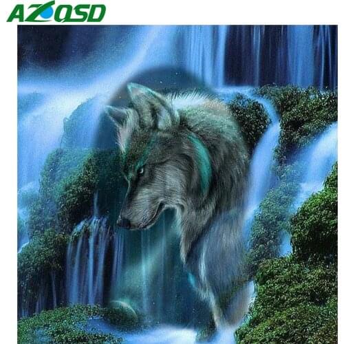 AZQSD 5D Diamond Embroidery Wolf Waterfall Mosaic Rhinestones Diamond Art Painting Animal Cross Stitch Kits Handmade Home Decor