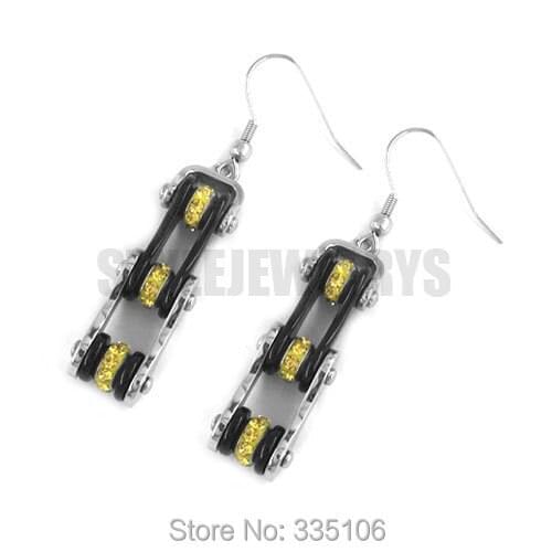 Free Shipping! Black Bicycle Chain Earrings Stainless Steel Jewelry Bling Yellow Rhinestone Motor Biker Earring SJE370118LA