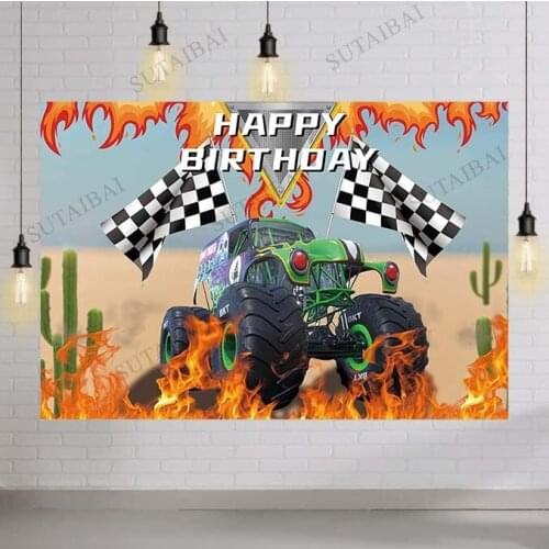 Monster Truck Themed Birthday Party Backdrop Racing Cars Grave Digger Checkered Flag Photography Background for Baby Boy Banner